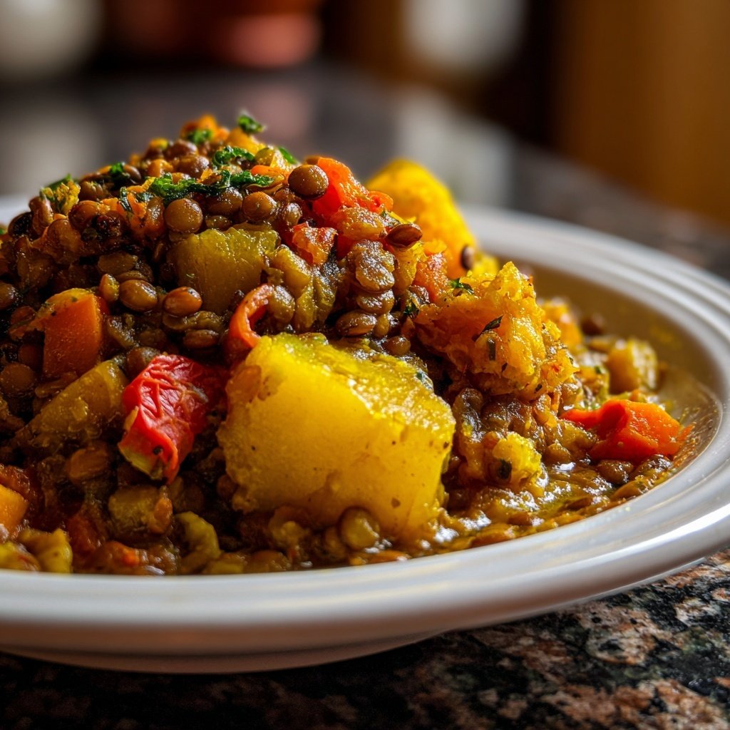 Mittagessen mit Linsen und Gemüse